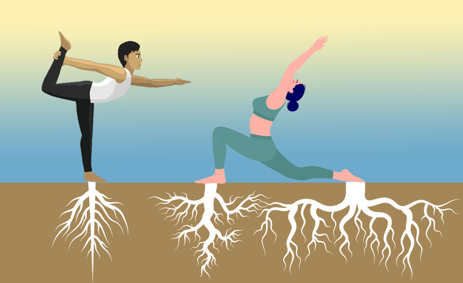 illustration of yoga poses with roots