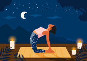 illustration of woman in ustrasana pose under the moon