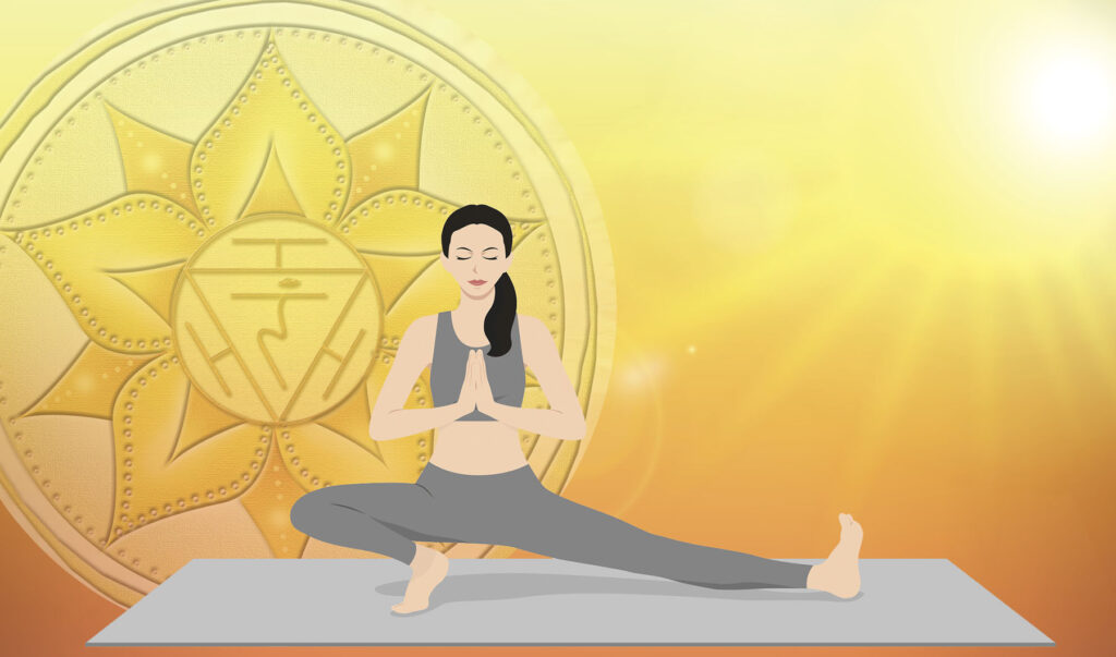 Sunshine yellow background yoga pose with manipurna chakra