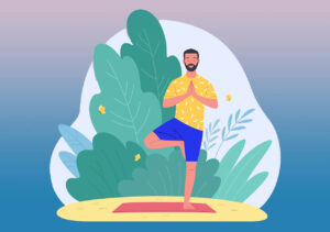 illustration of man doing yoga tree pose in a garden