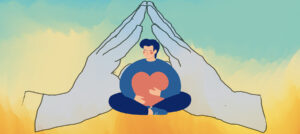 illustration of meditator protected by prayer hands