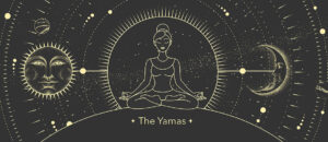 Illustration of meditating women with celestial background and title of the Yamas